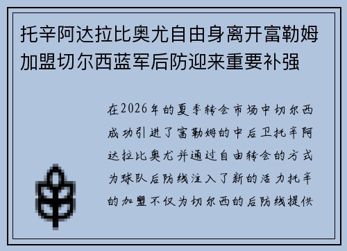 托辛阿达拉比奥尤自由身离开富勒姆加盟切尔西蓝军后防迎来重要补强