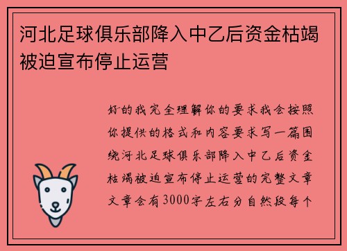河北足球俱乐部降入中乙后资金枯竭被迫宣布停止运营 河北足球俱乐部降入中乙后资金枯竭被迫宣布停止运营