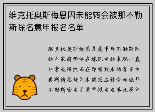 维克托奥斯梅恩因未能转会被那不勒斯除名意甲报名名单 维克托奥斯梅恩因未能转会被那不勒斯除名意甲报名名单